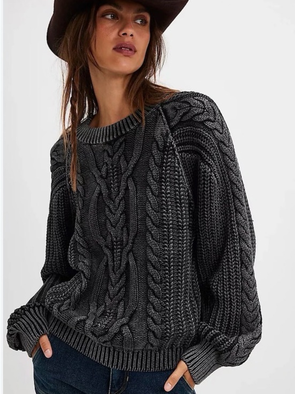 Free People Frankie Cable-Knit Crewneck Sweater Size L